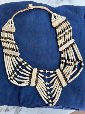 Handcrafted carved Beige and Gold Multi-Strand bone Beaded Necklace